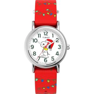 imageTimex Unisex Peanuts Weekender 31mm Watch  Red Strap White Dial SilverTone Case