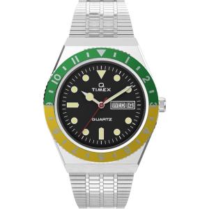 image:imageTimex Q Mens 38mm Watch  SilverTone Case GreenYellow Top Ring Black Dial with Stainless Steel Bracelet