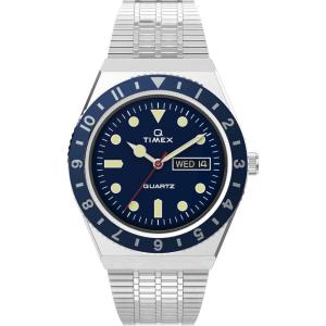 image:imageTimex Q Mens 38mm Watch  SilverTone Case Blue Dial amp Top Ring with Stainless Steel Bracelet