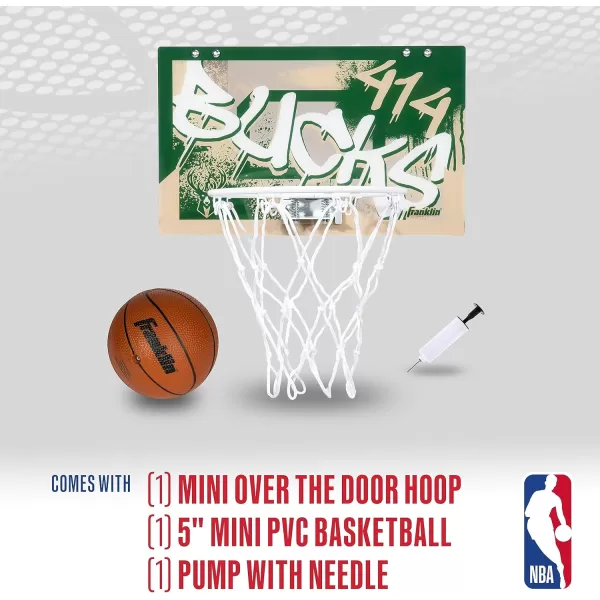 Franklin Sports NBA Team Over the Door Basketball Hoops  Kids Indoor Mini Basketball Hoop  Ball Set  NBA Fan Mini HoopsMilwaukee Bucks