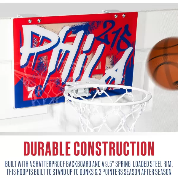 Franklin Sports NBA Team Over the Door Basketball Hoops  Kids Indoor Mini Basketball Hoop  Ball Set  NBA Fan Mini HoopsPhiladelphia 76ers