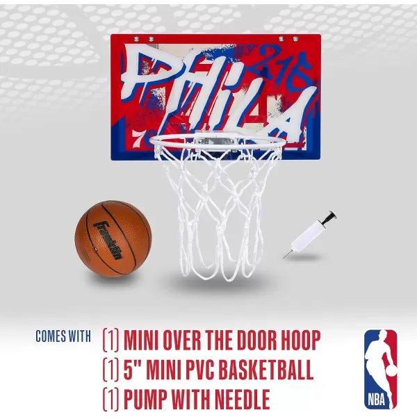 Franklin Sports NBA Team Over the Door Basketball Hoops  Kids Indoor Mini Basketball Hoop  Ball Set  NBA Fan Mini HoopsPhiladelphia 76ers