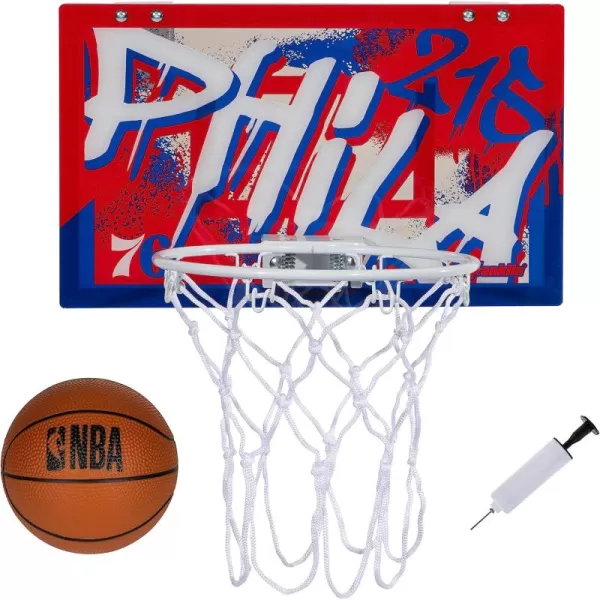 Franklin Sports NBA Team Over the Door Basketball Hoops  Kids Indoor Mini Basketball Hoop  Ball Set  NBA Fan Mini HoopsPhiladelphia 76ers