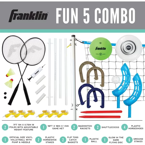 Franklin Sports Fun 5 Combo Outdoor Game Set  Backyard Beach  Camping Games for Kids  Badminton Volleyball Flip Toss Flying Disc  Horseshoes or Ring TossBlue Combo Set