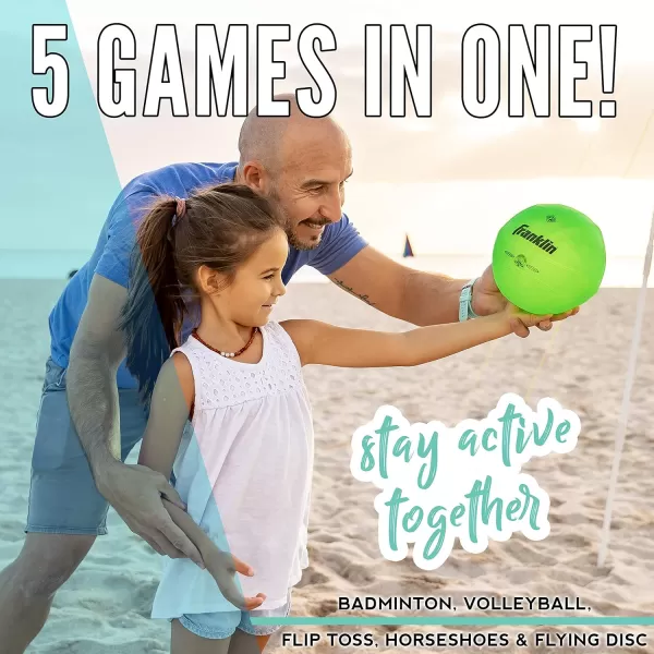Franklin Sports Fun 5 Combo Outdoor Game Set  Backyard Beach  Camping Games for Kids  Badminton Volleyball Flip Toss Flying Disc  Horseshoes or Ring TossBlue Combo Set