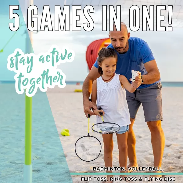 Franklin Sports Fun 5 Combo Outdoor Game Set  Backyard Beach  Camping Games for Kids  Badminton Volleyball Flip Toss Flying Disc  Horseshoes or Ring TossYellow Combo Set