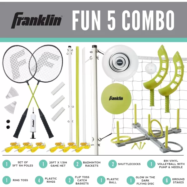 Franklin Sports Fun 5 Combo Outdoor Game Set  Backyard Beach  Camping Games for Kids  Badminton Volleyball Flip Toss Flying Disc  Horseshoes or Ring TossYellow Combo Set