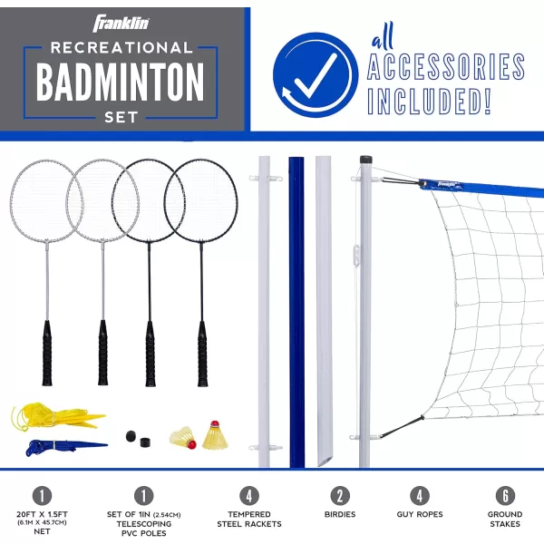 Franklin Sports Portable Badminton Set  Adult and Kids Badminton Net  Perfect BackyardLawn Game  Includes 4 Racquets  RecreationalRecreational