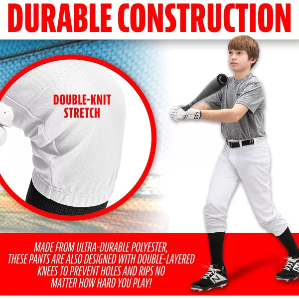 Franklin Sports Youth Baseball  Softball Pants  Knee High  Relaxed Fit Kids Baseball Pants  White Black  Grey PantsWhite