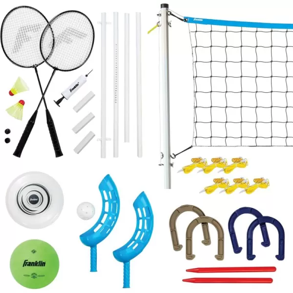 Franklin Sports Fun 5 Combo Outdoor Game Set  Backyard Beach  Camping Games for Kids  Badminton Volleyball Flip Toss Flying Disc  Horseshoes or Ring TossBlue Combo Set