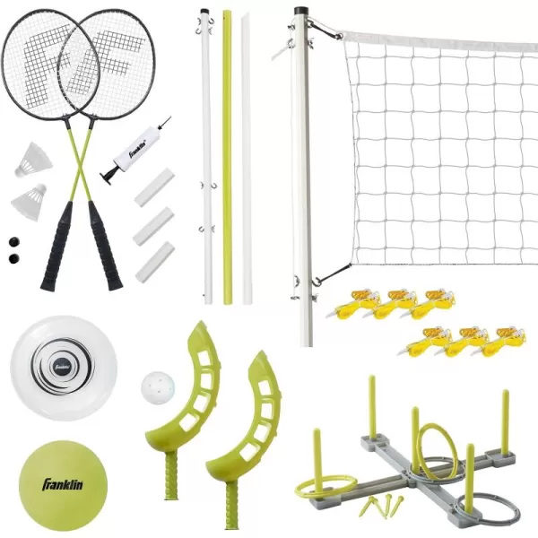 Franklin Sports Fun 5 Combo Outdoor Game Set  Backyard Beach  Camping Games for Kids  Badminton Volleyball Flip Toss Flying Disc  Horseshoes or Ring TossYellow Combo Set