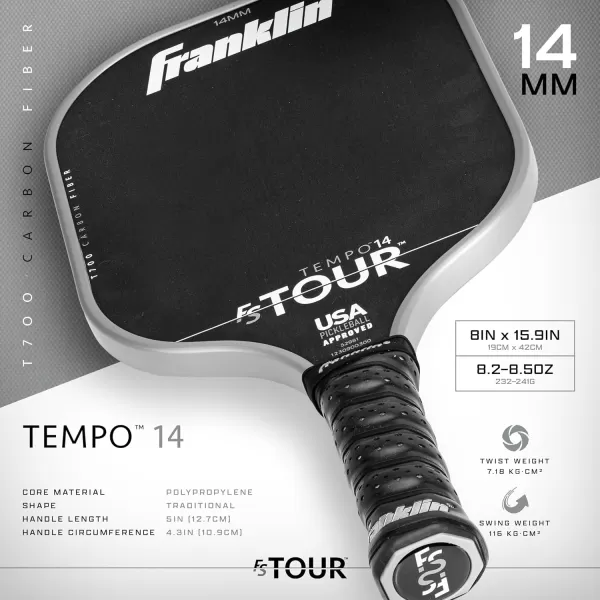 Franklin Sports Pro Pickleball Paddles  FS Tour Series Raw Carbon Fiber T700  USA Pickleball Approved  Unibody Epoxy Resin Injected Edge  Dynasty  Tempo  14mm16mm Core  Gray Blue  PinkGray