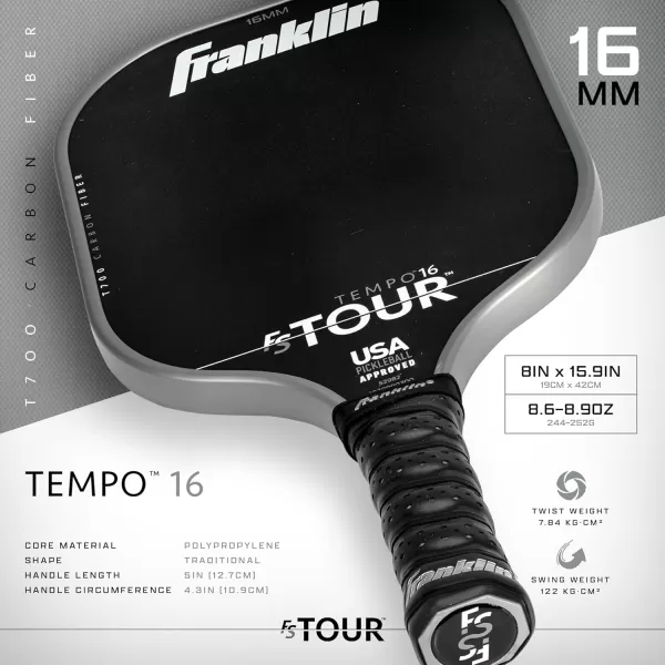 Franklin Sports Pro Pickleball Paddles  FS Tour Series Raw Carbon Fiber T700  USA Pickleball Approved  Unibody Epoxy Resin Injected Edge  Dynasty  Tempo  14mm16mm Core  Gray Blue  PinkGray
