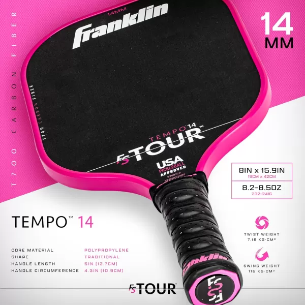 Franklin Sports Pro Pickleball Paddles  FS Tour Series Raw Carbon Fiber T700  USA Pickleball Approved  Unibody Epoxy Resin Injected Edge  Dynasty  Tempo  14mm16mm Core  Gray Blue  PinkPink