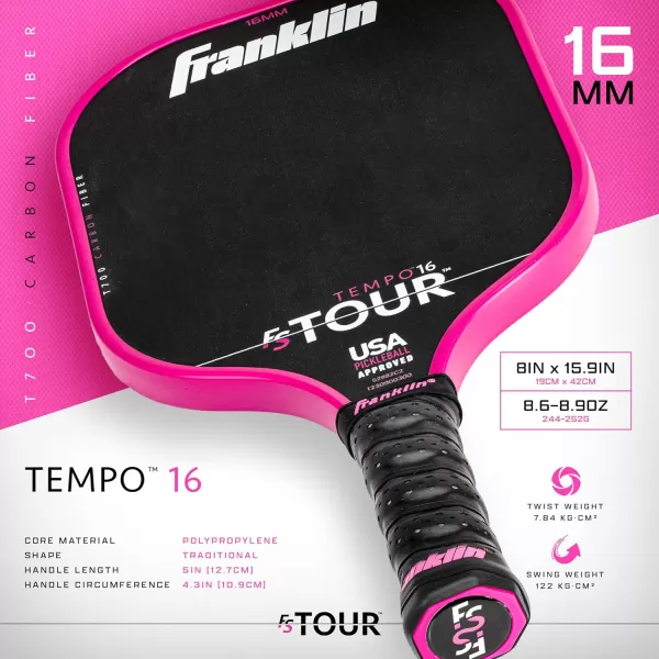 Franklin Sports Pro Pickleball Paddles  FS Tour Series Raw Carbon Fiber T700  USA Pickleball Approved  Unibody Epoxy Resin Injected Edge  Dynasty  Tempo  14mm16mm Core  Gray Blue  PinkPink