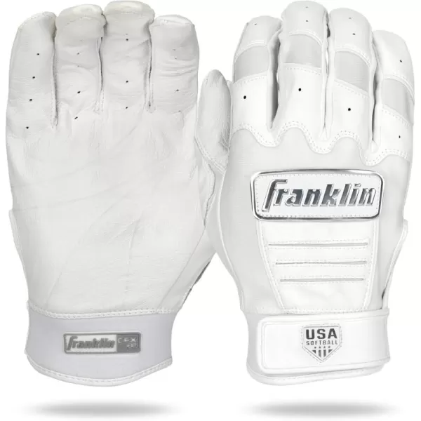 Franklin Sports USA Softball Womens Softball Batting Gloves  CFX Pro Fastpitch  Slowpitch Girls Batting Gloves  Adult  Youth Batting Glove PairsWhiteChrome