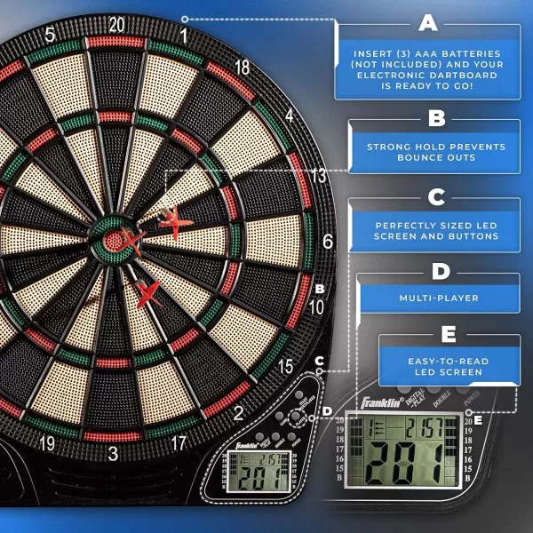 Franklin Sports Electronic Dart Board Sets  Soft Tip Electric Dartboard with Digital Scoreboard  6 Darts IncludedDartboard
