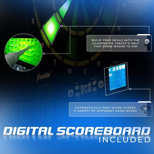 Franklin Sports Electronic Dart Board Sets  Soft Tip Electric Dartboard with Digital Scoreboard  6 Darts IncludedLight Up Dartboard