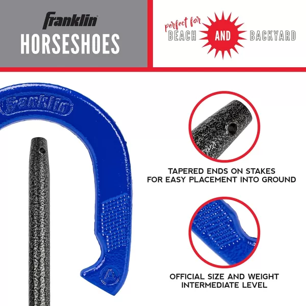 Franklin Sports Horseshoe Set  Cast iron Horseshoes and Steel Stakes  Official Size and Weight  Perfect for Yard and Beach  RecreationalIntermediate