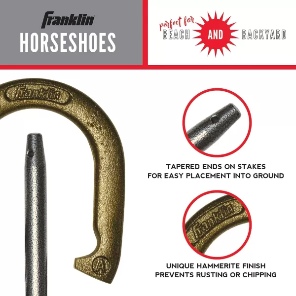 Franklin Sports Horseshoe Set  Cast iron Horseshoes and Steel Stakes  Official Size and Weight  Perfect for Yard and Beach  RecreationalRecreational