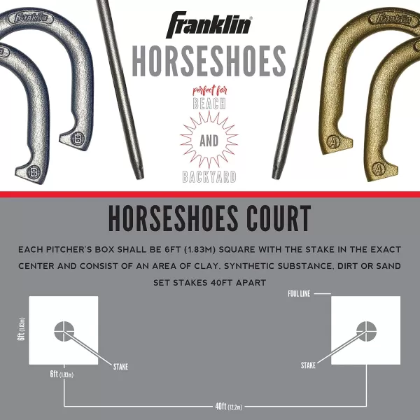 Franklin Sports Horseshoe Set  Cast iron Horseshoes and Steel Stakes  Official Size and Weight  Perfect for Yard and Beach  RecreationalRecreational