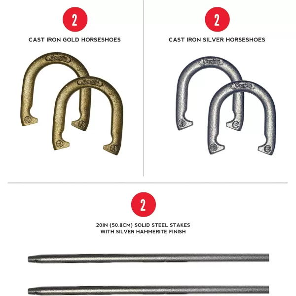 Franklin Sports Horseshoe Set  Cast iron Horseshoes and Steel Stakes  Official Size and Weight  Perfect for Yard and Beach  RecreationalRecreational