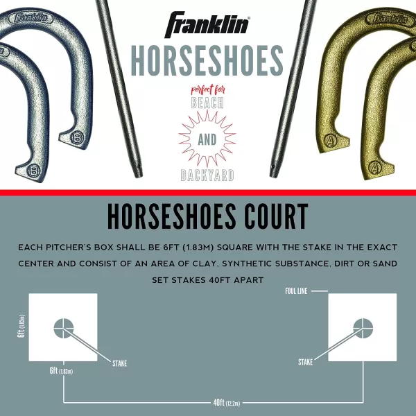 Franklin Sports Horseshoes Sets  Metal Horseshoe Game Sets for Adults  Kids  Official Weight Steel Horseshoes  Beach  Lawn Horseshoes Sets  Sets Include 4 Horseshoes and 2 Ground StakesStarter