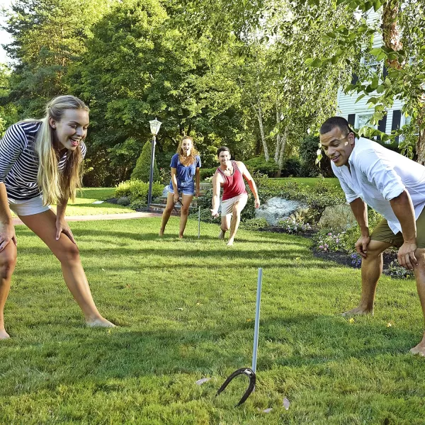 Franklin Sports Horseshoes Sets  Metal Horseshoe Game Sets for Adults  Kids  Official Weight Steel Horseshoes  Beach  Lawn Horseshoes Sets  Sets Include 4 Horseshoes and 2 Ground StakesProfessional