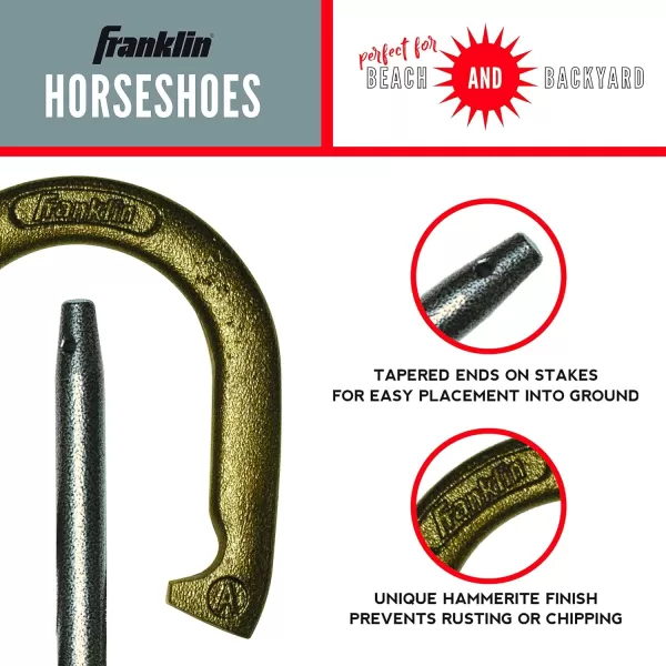 Franklin Sports Horseshoes Sets  Metal Horseshoe Game Sets for Adults  Kids  Official Weight Steel Horseshoes  Beach  Lawn Horseshoes Sets  Sets Include 4 Horseshoes and 2 Ground StakesStarter