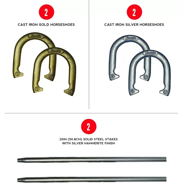 Franklin Sports Horseshoes Sets  Metal Horseshoe Game Sets for Adults  Kids  Official Weight Steel Horseshoes  Beach  Lawn Horseshoes Sets  Sets Include 4 Horseshoes and 2 Ground StakesStarter