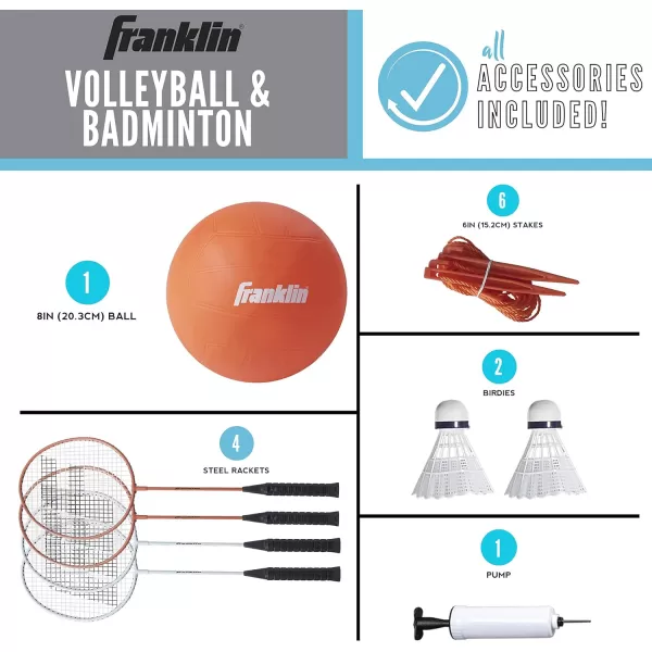 Franklin Sports Volleyball  Badminton Combo Sets  Backyard  Beach Outdoor Volleyball  Badminton Net Set  Portable Badminton  Volleyball Net with Poles  Volleyball Rackets  Birdies IncludedStarter