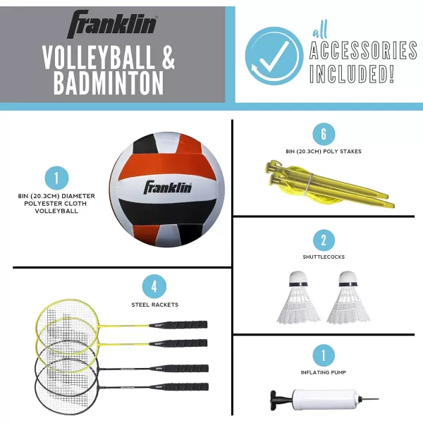 Franklin Sports Volleyball  Badminton Combo Sets  Backyard  Beach Outdoor Volleyball  Badminton Net Set  Portable Badminton  Volleyball Net with Poles  Volleyball Rackets  Birdies IncludedFamily