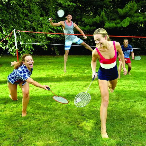 Franklin Sports Badminton Net Sets  Outdoor Backyard  Beach Badminton Net  Equipment Set  4 Rackets  2 Birdies  Portable Net Included  Adults  Kids SetStarter
