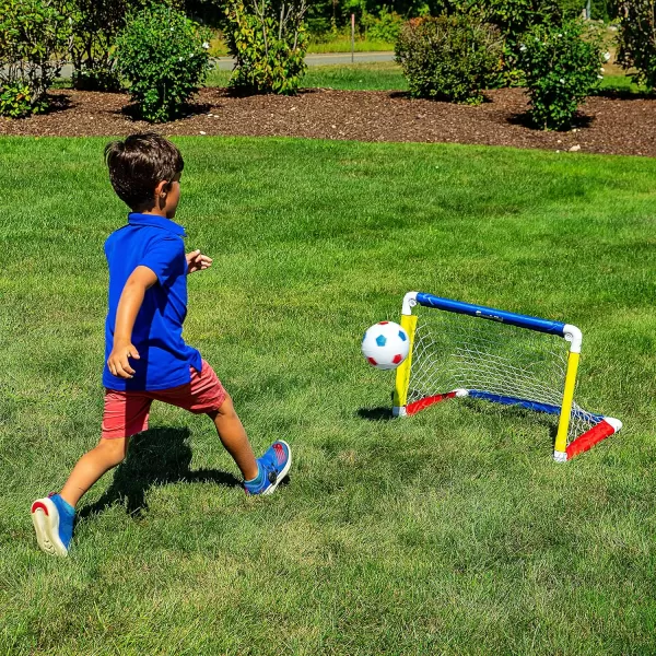 Franklin Sports Kids Mini Soccer Goal Sets  Backyard  Indoor Mini Net and Ball Set with Pump  Portable Folding Youth Soccer Goal Sets for Kids  Toddlers  24quot x 16quotRedBlueYellow