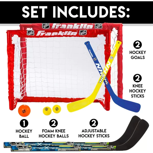 Franklin Sports  NHL Kids Folding Hockey Goals Set  2 Street Hockey ampamp Knee Hockey Goals  2 Adjustable Youth Hockey Sticks 2 Knee Hockey Sticks 2 Mini Hockey Balls  1 Street Hockey BallGoals Set