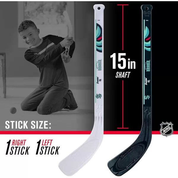 Franklin Sports NHL Mini Hockey Set  Kids Indoor Knee Hockey Goal Ball  2 Mini Hockey Stick Combo Set  Youth NHL Team Indoor Toy Knee Hockey Sets  NHL Official  Ages 3Seattle Kraken