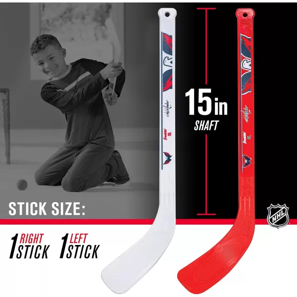 Franklin Sports NHL Mini Hockey Set  Kids Indoor Knee Hockey Goal Ball  2 Mini Hockey Stick Combo Set  Youth NHL Team Indoor Toy Knee Hockey Sets  NHL Official  Ages 3Washington Capitals
