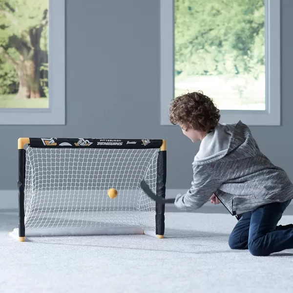 Franklin Sports NHL Mini Hockey Set  Kids Indoor Knee Hockey Goal Ball  2 Mini Hockey Stick Combo Set  Youth NHL Team Indoor Toy Knee Hockey Sets  NHL Official  Ages 3Pittsburgh Penguins
