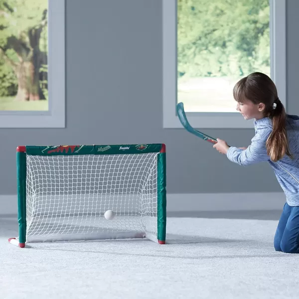 Franklin Sports NHL Mini Hockey Set  Kids Indoor Knee Hockey Goal Ball  2 Mini Hockey Stick Combo Set  Youth NHL Team Indoor Toy Knee Hockey Sets  NHL Official  Ages 3Minnesota Wild
