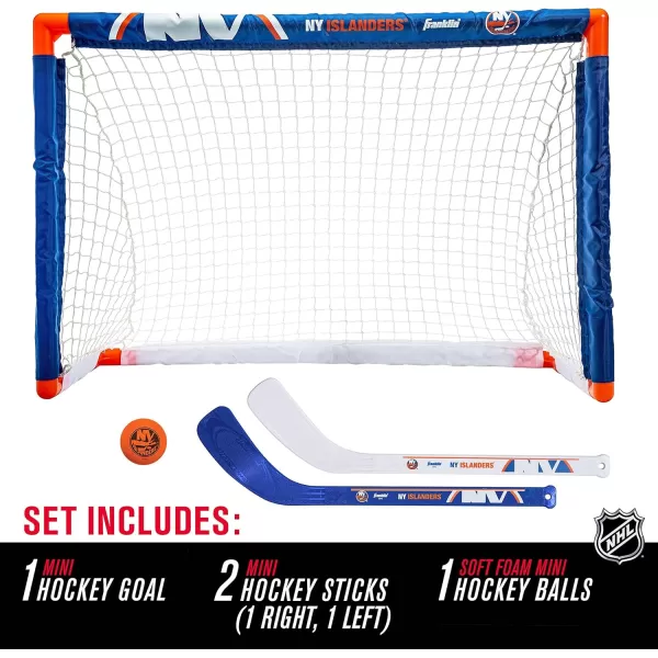 Franklin Sports NHL Mini Hockey Set  Kids Indoor Knee Hockey Goal Ball  2 Mini Hockey Stick Combo Set  Youth NHL Team Indoor Toy Knee Hockey Sets  NHL Official  Ages 3New York Islanders