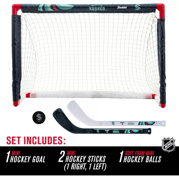 Franklin Sports NHL Mini Hockey Set  Kids Indoor Knee Hockey Goal Ball  2 Mini Hockey Stick Combo Set  Youth NHL Team Indoor Toy Knee Hockey Sets  NHL Official  Ages 3Seattle Kraken