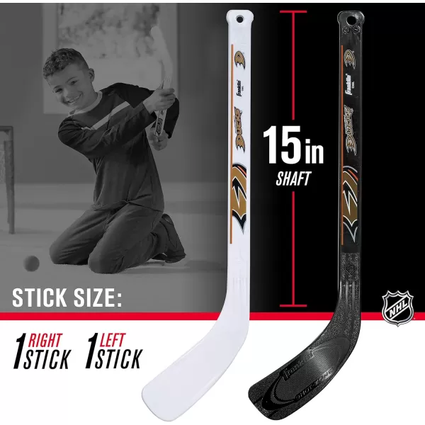 Franklin Sports NHL Mini Hockey Set  Kids Indoor Knee Hockey Goal Ball  2 Mini Hockey Stick Combo Set  Youth NHL Team Indoor Toy Knee Hockey Sets  NHL Official  Ages 3Anaheim Ducks