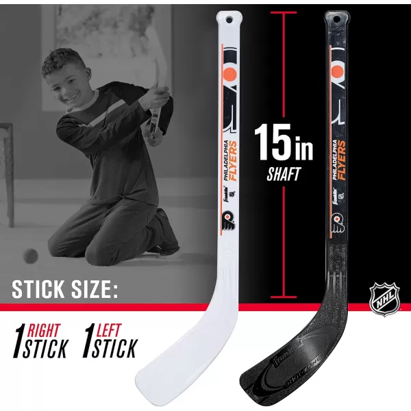 Franklin Sports NHL Mini Hockey Set  Kids Indoor Knee Hockey Goal Ball  2 Mini Hockey Stick Combo Set  Youth NHL Team Indoor Toy Knee Hockey Sets  NHL Official  Ages 3Philadelphia Flyers