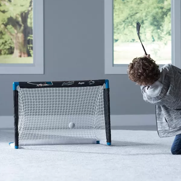 Franklin Sports NHL Mini Hockey Set  Kids Indoor Knee Hockey Goal Ball  2 Mini Hockey Stick Combo Set  Youth NHL Team Indoor Toy Knee Hockey Sets  NHL Official  Ages 3San Jose Sharks