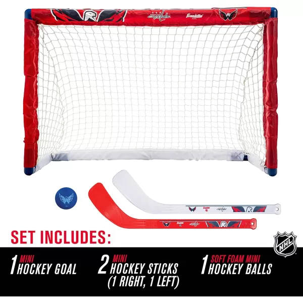 Franklin Sports NHL Mini Hockey Set  Kids Indoor Knee Hockey Goal Ball  2 Mini Hockey Stick Combo Set  Youth NHL Team Indoor Toy Knee Hockey Sets  NHL Official  Ages 3Washington Capitals