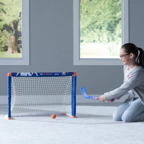 Franklin Sports NHL Mini Hockey Set  Kids Indoor Knee Hockey Goal Ball  2 Mini Hockey Stick Combo Set  Youth NHL Team Indoor Toy Knee Hockey Sets  NHL Official  Ages 3New York Islanders