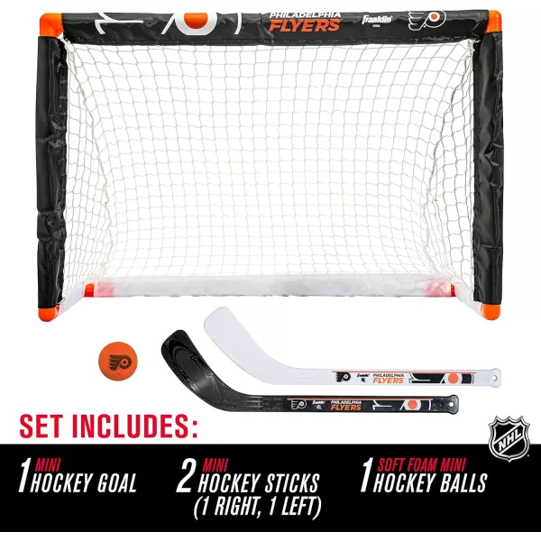Franklin Sports NHL Mini Hockey Set  Kids Indoor Knee Hockey Goal Ball  2 Mini Hockey Stick Combo Set  Youth NHL Team Indoor Toy Knee Hockey Sets  NHL Official  Ages 3Philadelphia Flyers