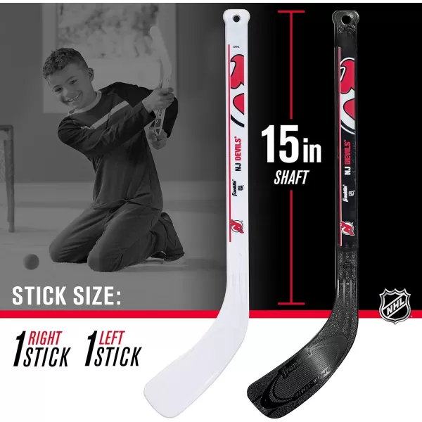 Franklin Sports NHL Mini Hockey Set  Kids Indoor Knee Hockey Goal Ball  2 Mini Hockey Stick Combo Set  Youth NHL Team Indoor Toy Knee Hockey Sets  NHL Official  Ages 3New Jersey Devils