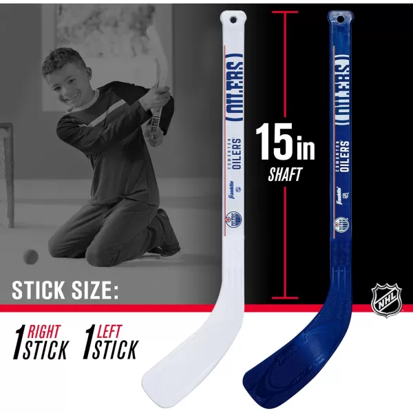Franklin Sports NHL Mini Hockey Set  Kids Indoor Knee Hockey Goal Ball  2 Mini Hockey Stick Combo Set  Youth NHL Team Indoor Toy Knee Hockey Sets  NHL Official  Ages 3Edmonton Oilers