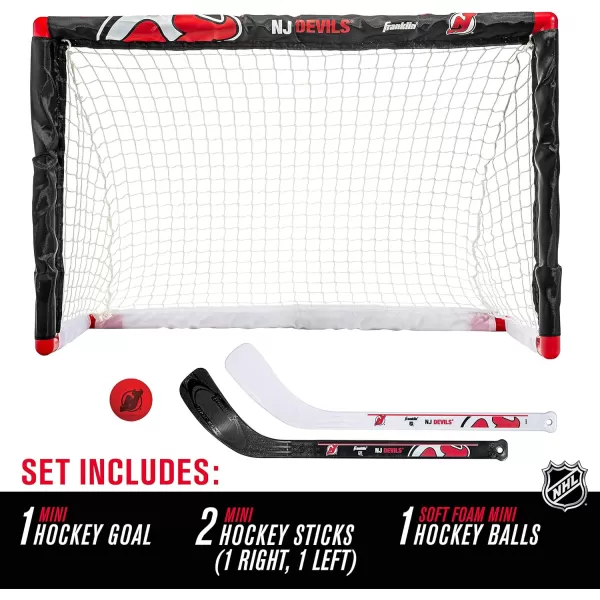 Franklin Sports NHL Mini Hockey Set  Kids Indoor Knee Hockey Goal Ball  2 Mini Hockey Stick Combo Set  Youth NHL Team Indoor Toy Knee Hockey Sets  NHL Official  Ages 3New Jersey Devils